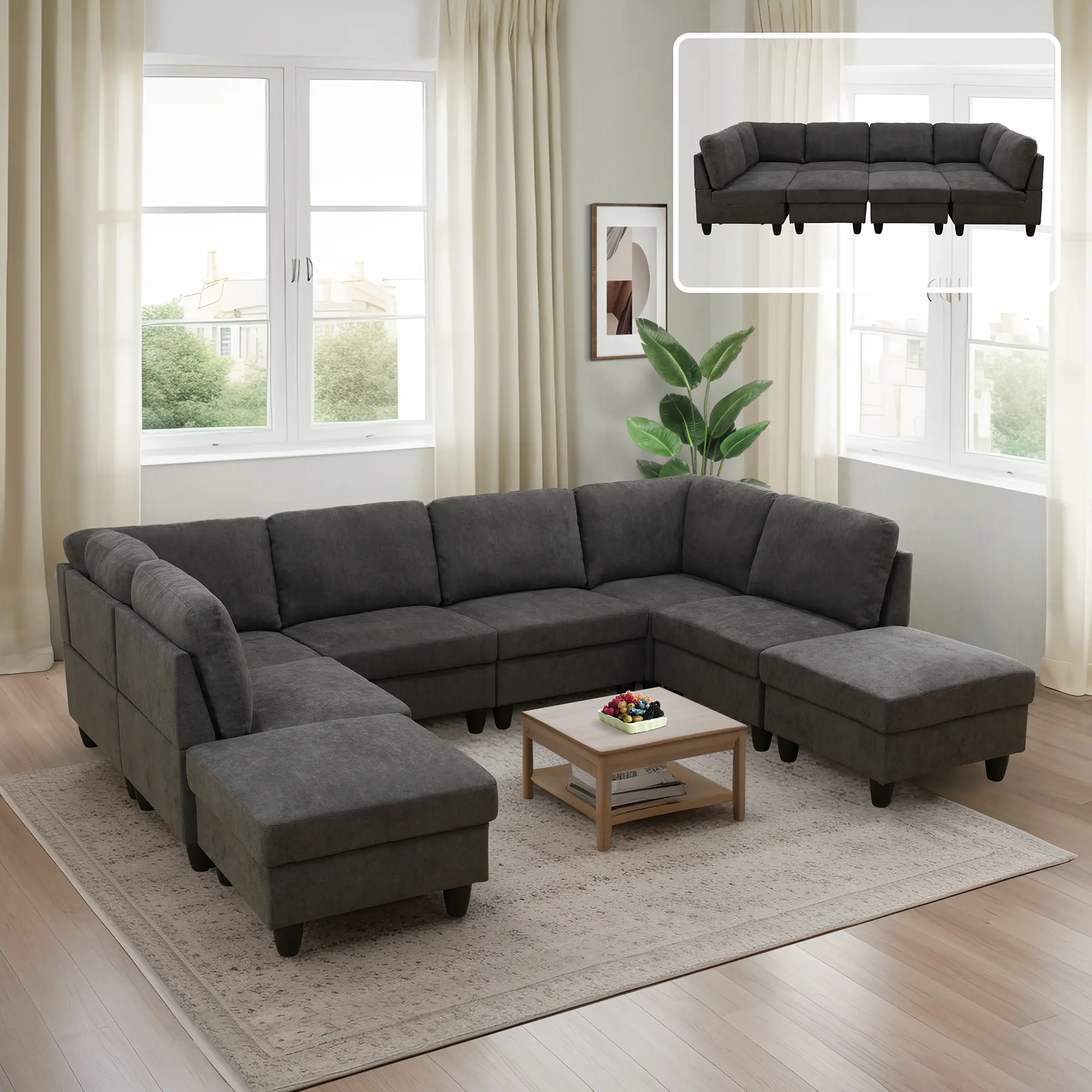 8-Piece Dark Grey Exquisite Cloud-Soft Cushion Durability Sofa Suite - High-Grade Flannel Surface, Reinforced Stable Construction, Soft Touch, Classic Understated Luxury Vibe, Ideal for Family Gatherings, Guest Lounges, Exquisite Sofa Sets, Cloud-Soft Sof