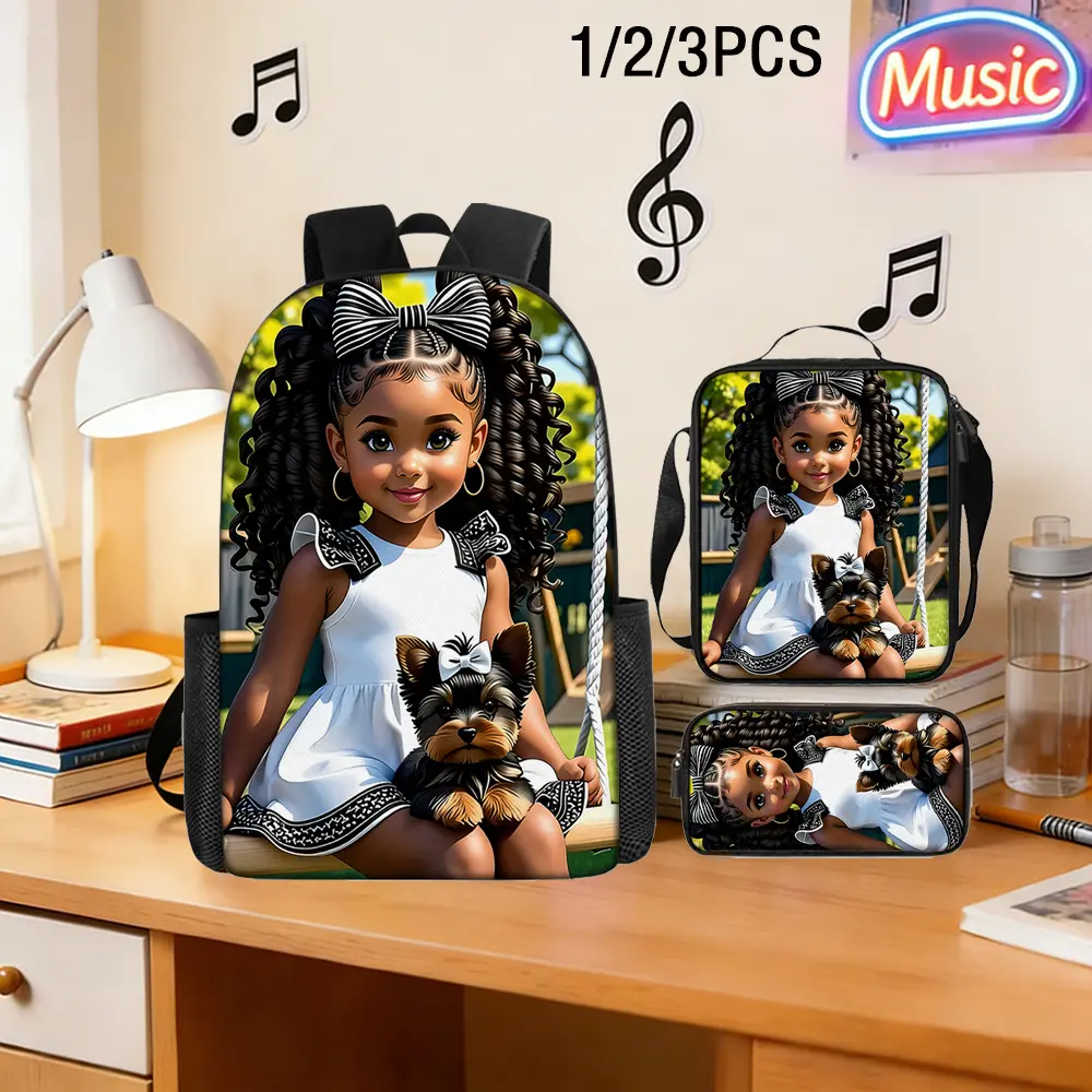 3-Piece Black Girl & Yorkie Puppy Print Backpack Set, 600D Oxford Cloth School Bag for Kids & Teen Animal Lovers, Includes Insulated Lunch Box & Pencil Case, Fits 15in Laptop, Friendship, Backpacks For School, 3Pcs, 600D Polyester Oxford Cloth, Cute Backp