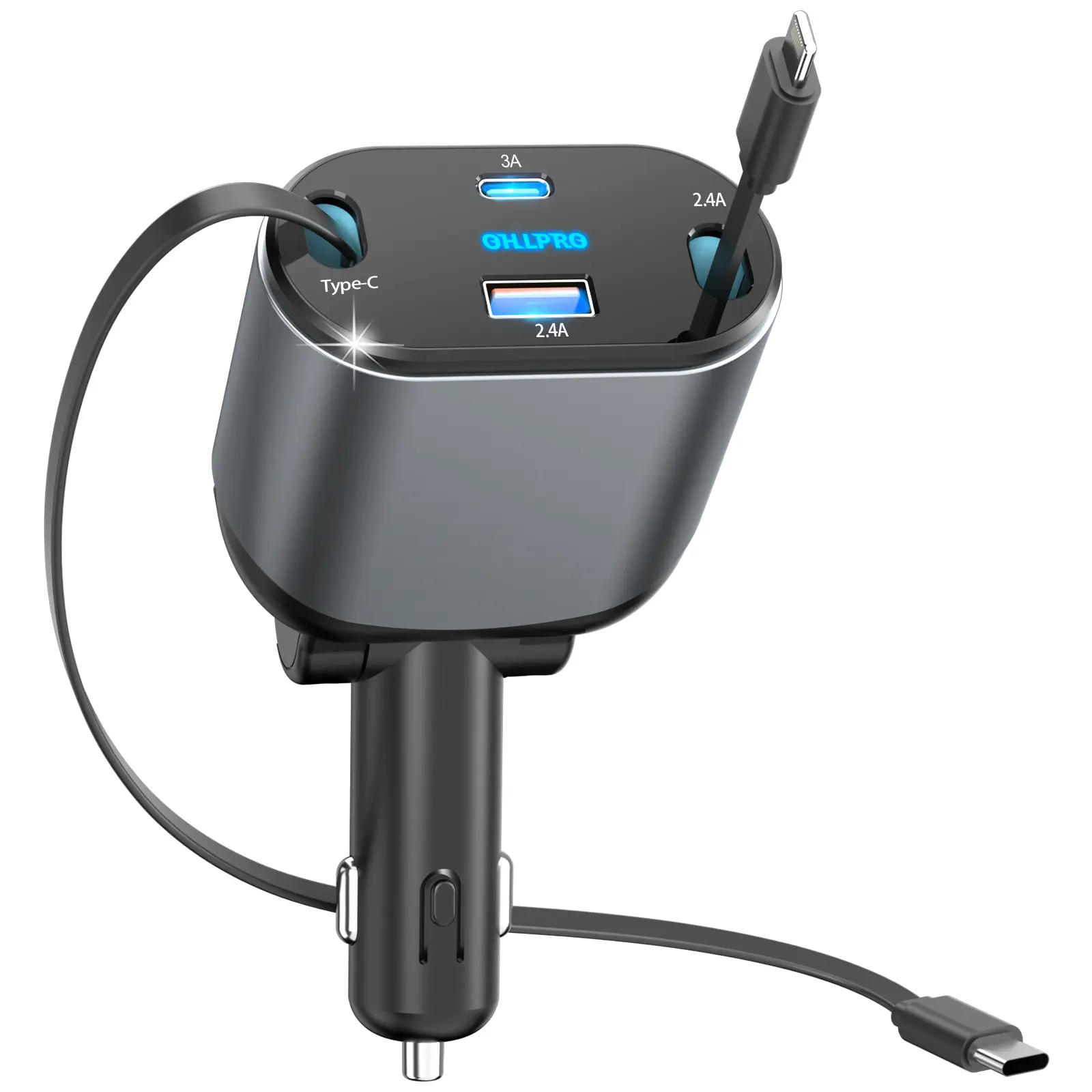 4 in 1 Retractable 80W Fast Car  Adapter, Dual Type-C Retractable Cables USB C USB A Car  for iPhone 16 15 14 Samsung wireless