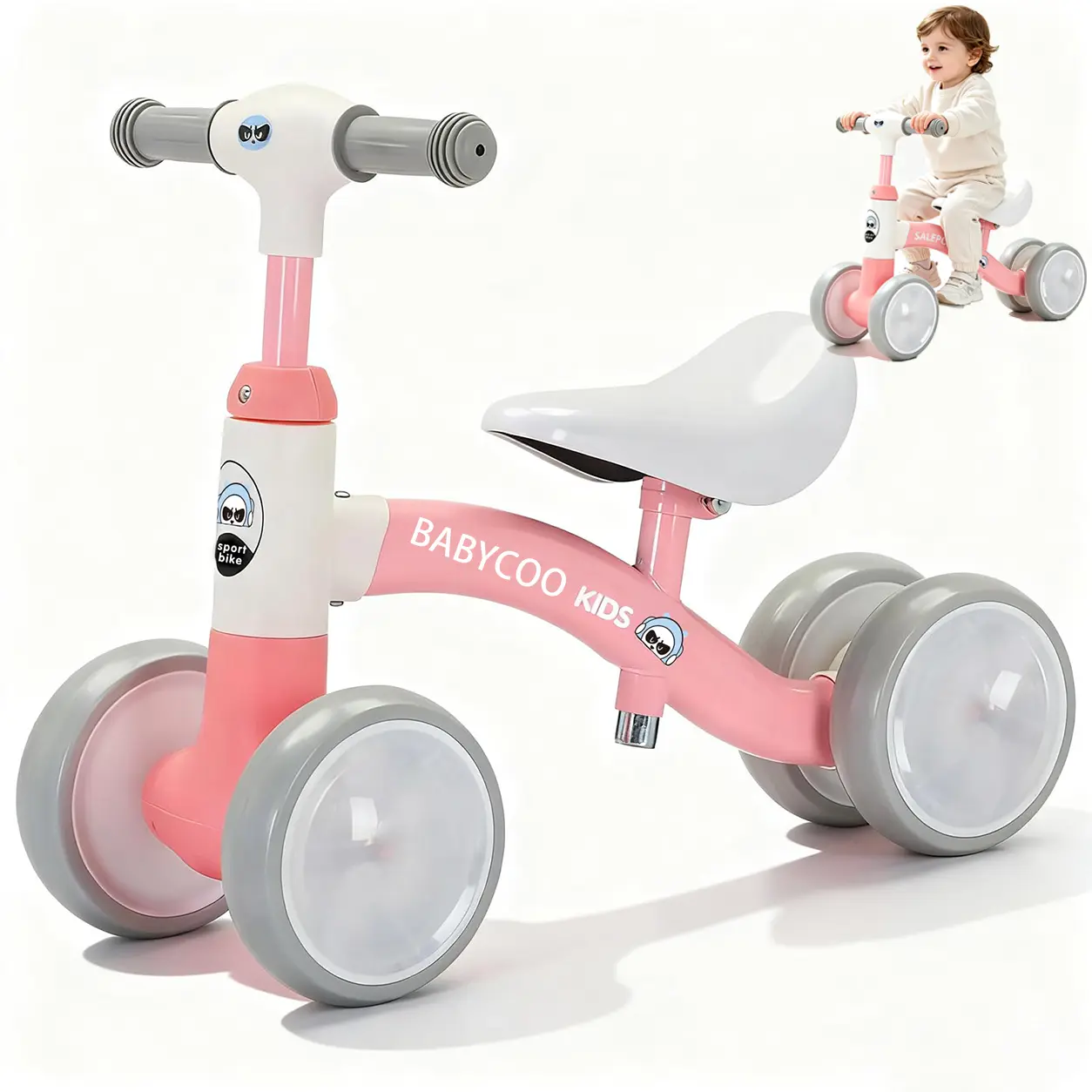 Toddler Balance Bike (Baby Bicycles) for 12-36 Months, Carbon Steel Frame, Adjustable Seat, Adjustable Handlebar, 4 Silent Wheels, No-Pedal Walking Bike, 5 lbs Lightweight, Anti-Wear Performance, First Birthday Gift for Boys & Girls, Boosts Motor Skills