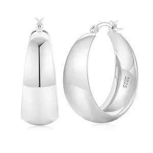 Women's 12mm Wide Curved Hoop Earrings - Brass Plated Light Luxury Hoop Jewelry, Hypoallergenic Needle High-End Costume Jewelry, Daily Wear Gift for Women with Gift Box, Hoop Earring Stack