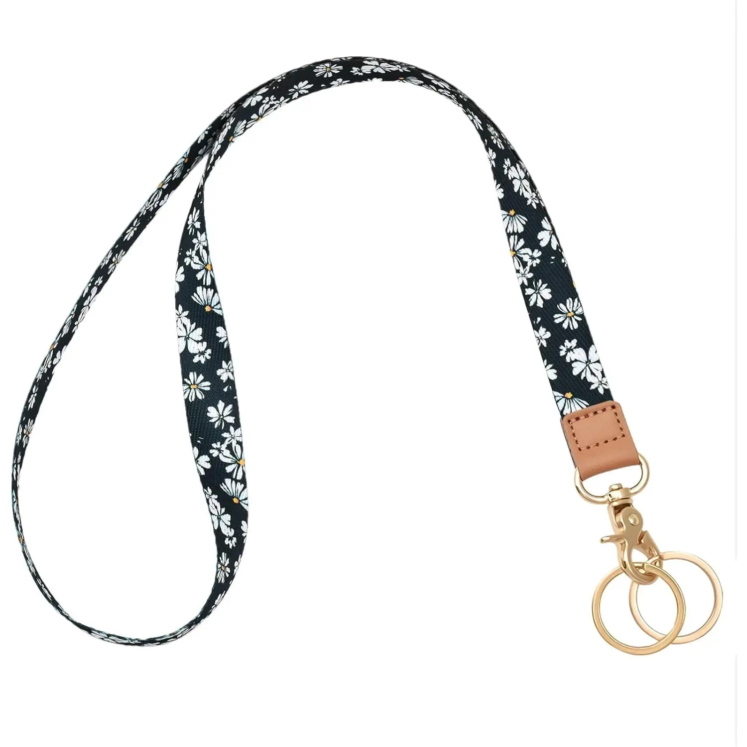 Black Daisy Leather ID Card Lanyard - Neck Strap with Dual Keyrings, Metal Hook for Badges, Keys - Cute Long Keychain for Women, Men