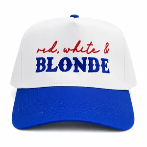 Red, White & Blonde Embroidered Trucker Hat Casual brunette hat Baseball Cap Panel Trucker Hat Simple Hat Cap 4th Of July, Independence Day trucker hat USA hat woman patriotic