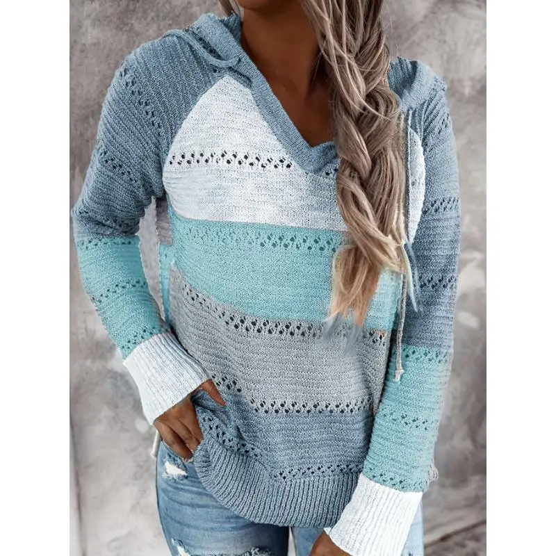 Color Block Pullover Drawstring Hooded Sweater, Casual Long Sleeve Pointelle Thin Knitted Sweater For Fall & Winter, Women's Clothing