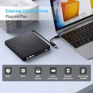 4-in-1 External Blu-ray Drive USB 3.0 & Type-C Dual Interface CD/DVD Player with 2 USB Ports TF/SD Card Slots High-Definition Blu-ray DVD Burner Ultra-Thin Portable VCD/CD/DVD Player for Laptops Compatible with Windows