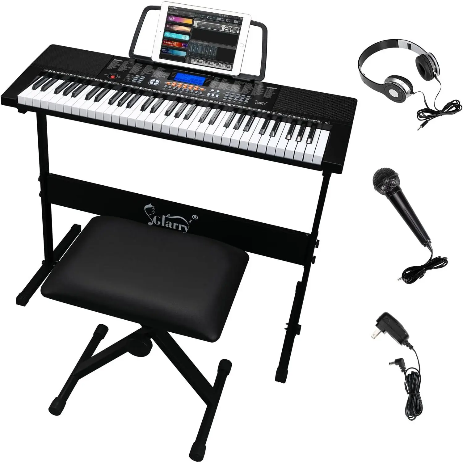 GLARRY 61-Key Portable Multifunction Digital Piano Keyboard Kit with LCD Screen, Stand, Microphone, Headphones, Bench, Teaching Modes, Built-In Speakers