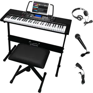 GLARRY 61-Key Portable Electronic Keyboard Piano set w/LCD Screen, Stand, Microphone, Headphones, Stand, Bench, Teaching Modes, Built-In Speakers
