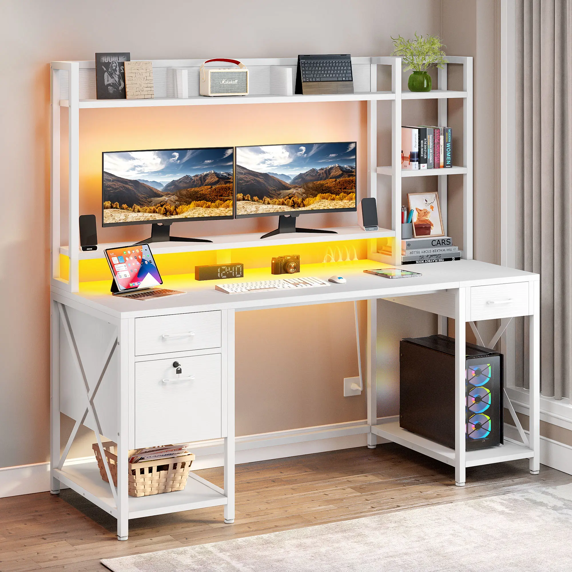 Yitahome Computer Desk with Drawers & Hutch, 59.1" Office Desk with LED Lights & Power Outlets, Gaming Desk with Monitor Stand & Storage Shelves