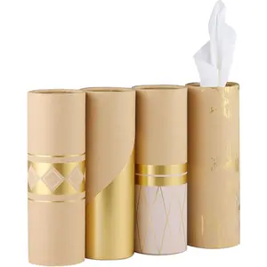 Tissue Holder For Car, Travel Cup Holder With 3-ply Facial Tissues Bulk-4 PK Gold Foil Cylinder, Refill Box Round Container Kraft