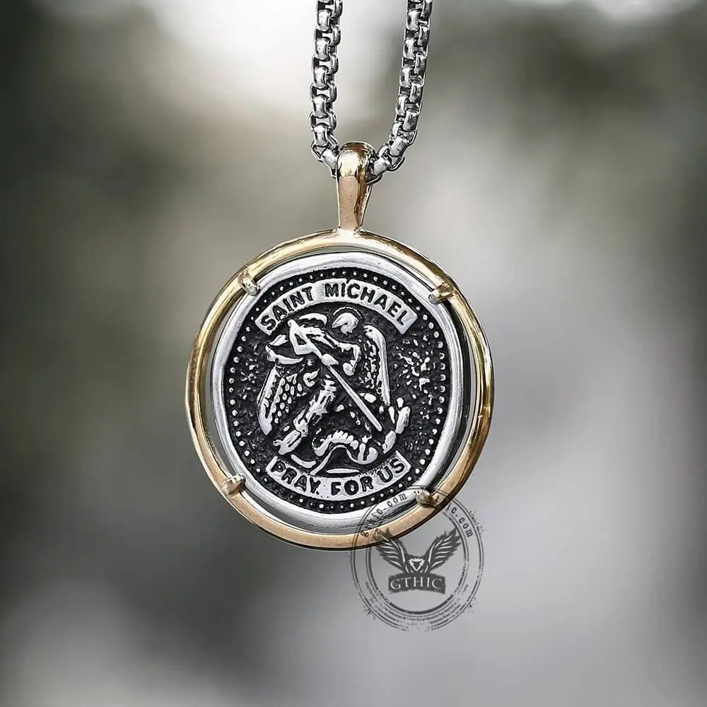 GTHIC Unisex Stainless Steel Archangel Saint Michael Coin Pendant Necklace, 60cm Religious Symbol Jewelry, Daily Wear Fashion Accessory Birthday Gift