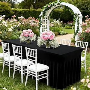 2 Pack Spandex Table Cover Skirts for 6ft Rectangle Tables, Black Stretch Table Cloths with Floor-Length Ruffle, Elastic Fitted Skirted Tablecloth for Elegant Wedding Banquet Party Buffet Decoration