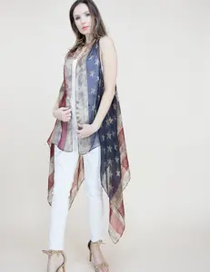Vintage American Flag Sleeveless Duster Vest – Women’s Lightweight Patriotic Boho Cover-Up