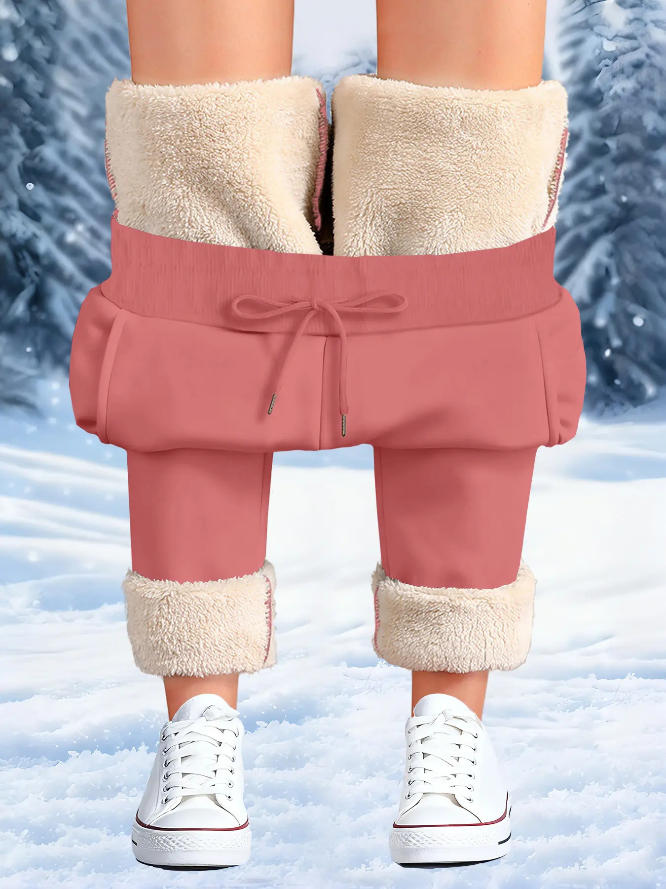 Women's Fashion Casual Basic Long Pants, Bottom, Ribbed Cuff Warm Fleece Lined, Drawstring Waist Adjustable Fit Straight Leg, Fall & Winter Wear