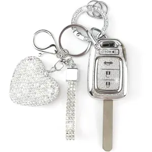 Key Fob Cover with Diamond Keychain Car Key Holder Compatible with Honda 2013-2016 Accord Crosstour 2014-2015 CR-V Civic 2016-2017 HR-V Protector for Women 4 Buttons, (Silver-Heart)