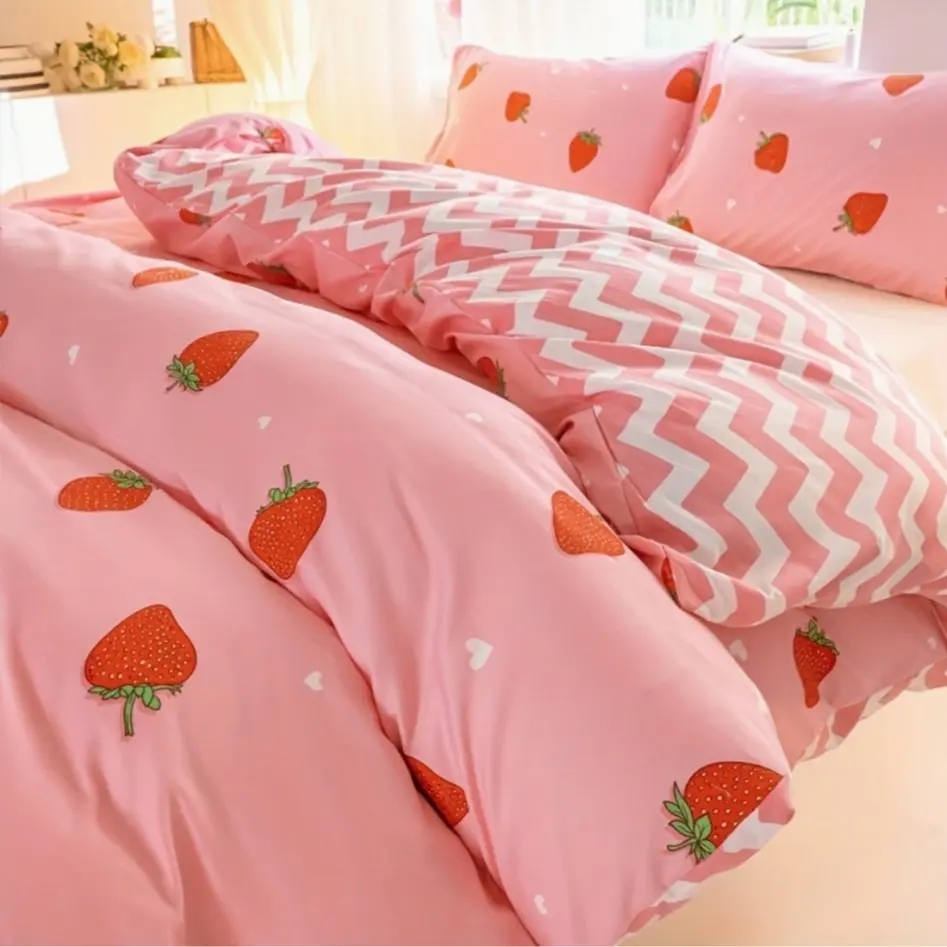 Strawberry Pattern Bedding Set, 3 Piece Set Includes 1 Fitted Sheet and 2 Pillowcases, Soft Comfortable Bedding for Home Bedroom, Bed Sets, Bedsheet Set