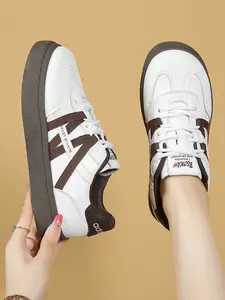 Colorblock Thick Sole Sneakers, N Stripe Design, Soft PU Leather, Round Toe, Low Top, Casual Commute & Outdoors