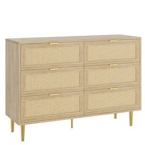 【Christmas Gift】Beige/Khaki Rattan 6 Drawer Dresser, Farmhouse Wooden Chest of Drawers with 5 Metal Legs, Golden Handles, Wide Double Drawer Dresser for Bedroom, Living Room