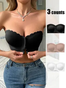 Women's Solid Scallop Trim Hook & Eye Front Wireless Bandeau Bra, Comfortable Breathable Seamless Soft Wirefree Strapless Fitted Bralette for Daily Wear, Lingerie Top for All Seasons, No Underwire