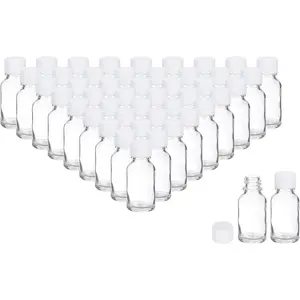 0.5oz(15ml) Glass Sample Bottles, 48Pcs Round Bottle Dispensing Bottles with White Poly Cone Cap for Reagent Liquids, Juice, Perfume Hot Sauce Ginger Shots, Transparent Oil Tin Canister Organiser Plastic