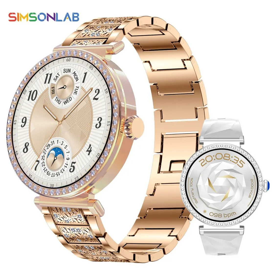 SIMSONLAB Women's Smartwatch with Elegant Design & Diamond Accents, Multiple Sports Modes, Wireless Charging, Remote Photography, Period Reminder, Step Tracker Watch, Wearable Wristwatch, Sports Smart Watches