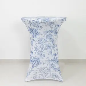 Spandex Cocktail Table Cover – Blue & White French Toile, 30" Round Highboy Stretch Fitted Tablecloth