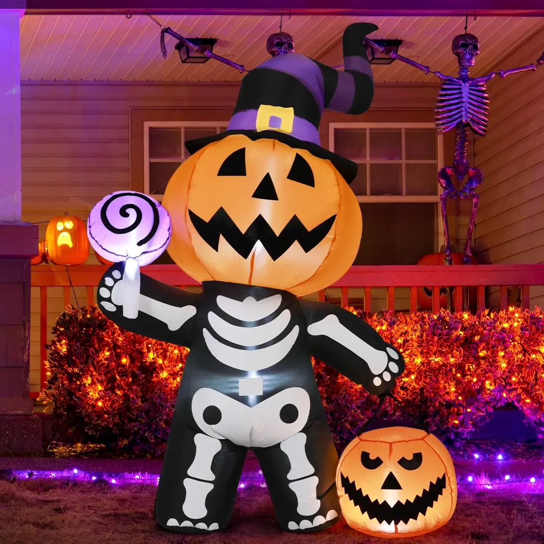GOOSH 6 FT Scary Ghost Inflatable Pumpkin Outdoor Halloween Decoration Kit - Skull Body,Frightfully Tall Yard Ornament, Outdoor Holiday Decorations, Ghost Inflatable Pumpkin Outdoor Holiday Decoration