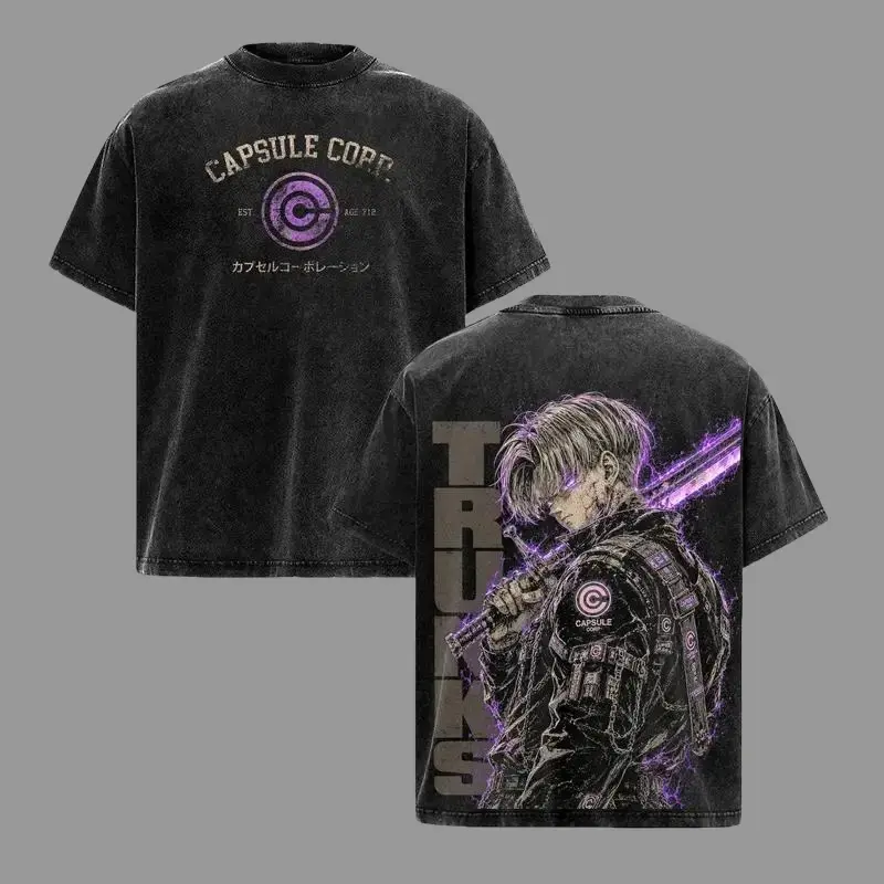 Men's DBZ Future Trunks Vintage Cartoon Graphic T-Shirt - Pre-Washed 230gsm Heavy Cotton Tops, Oversized Unisex Round Neck Short-Sleeve Apparel, High-Quality Anime Merchandise, 7-Day Return Policy