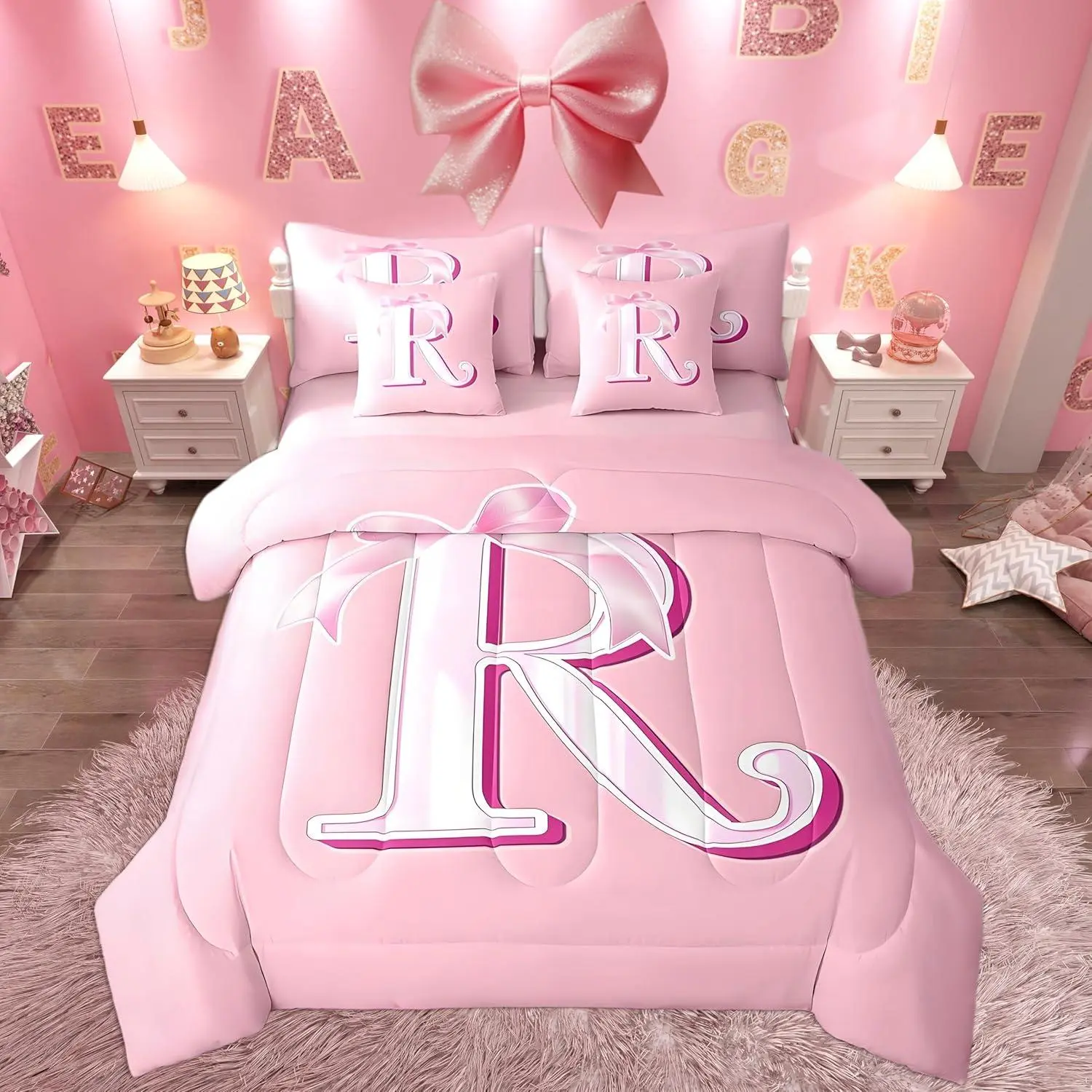 Pink Bow Bed Set,,Decor Teen Girl Gifts Monogrammed 7 Pieces Beeding Set,Ultra Soft Personalized Initial R Bed in a Bag with Comforter,Sheets,Pillowcases Dreamy Bow,Room Decor