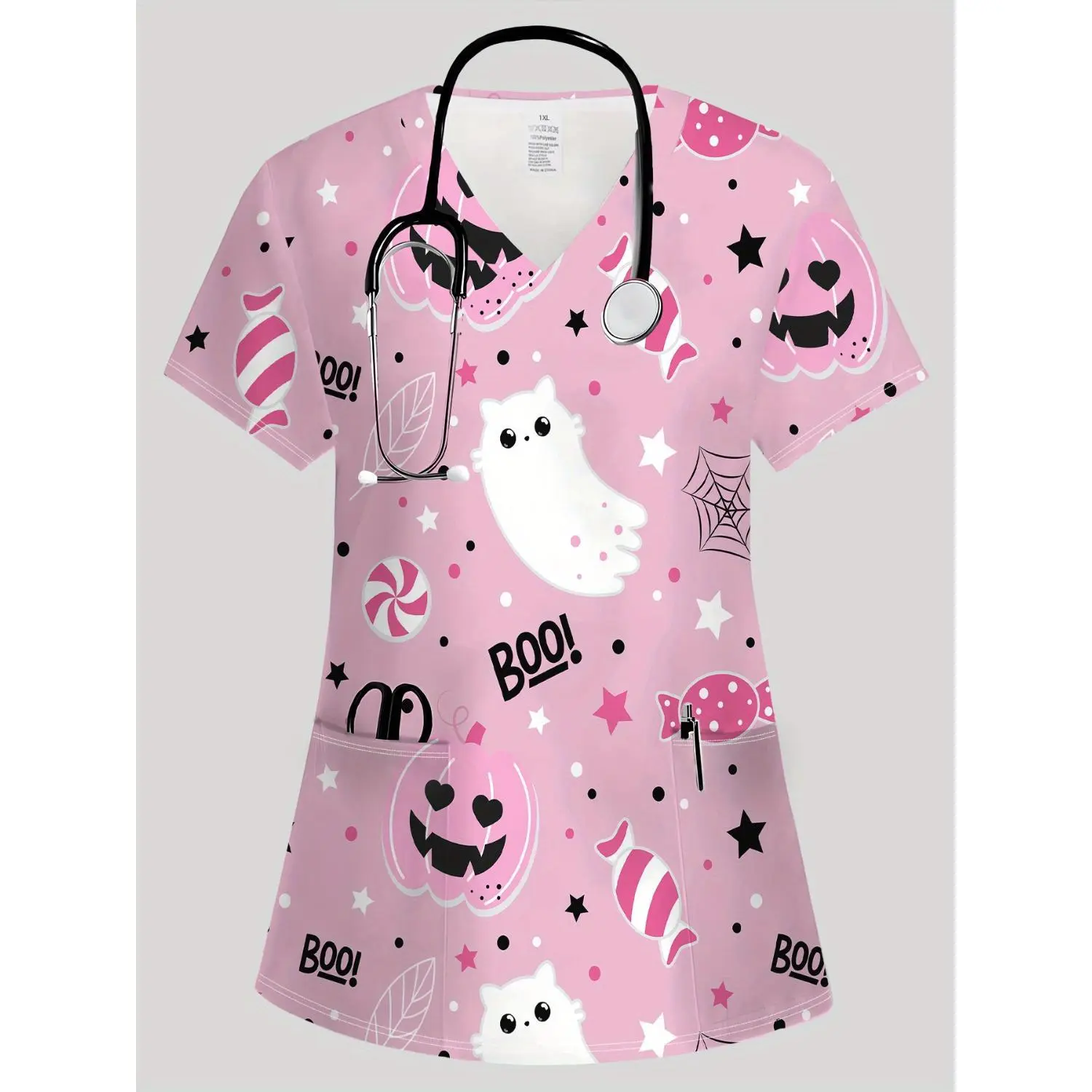 Plus Size Halloween Women’s Nurse Costume, Pink with Cute Pumpkins, Ghosts, Candies, Spiderwebs, V-Neck Top with Pockets, Soft and Stretchy