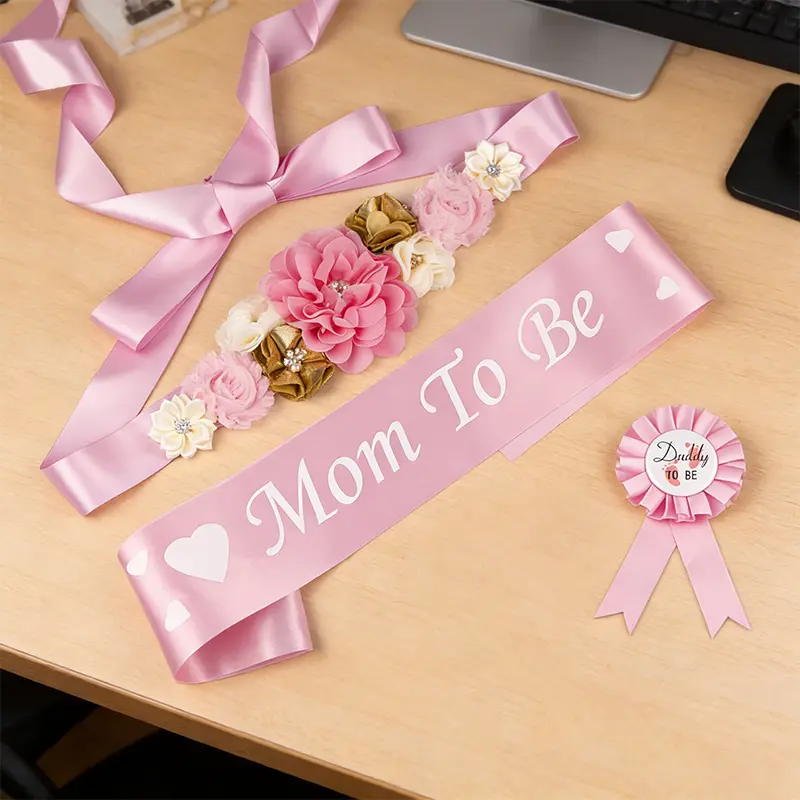 70-Inch 3Pcs Chic Chiffon Flower Maternity Sash Decorations Set, Princess Pink Baby Shower Prop - Pregnancy Gifts for Expectant Parents, Home Improvement Wall Trim Accessories