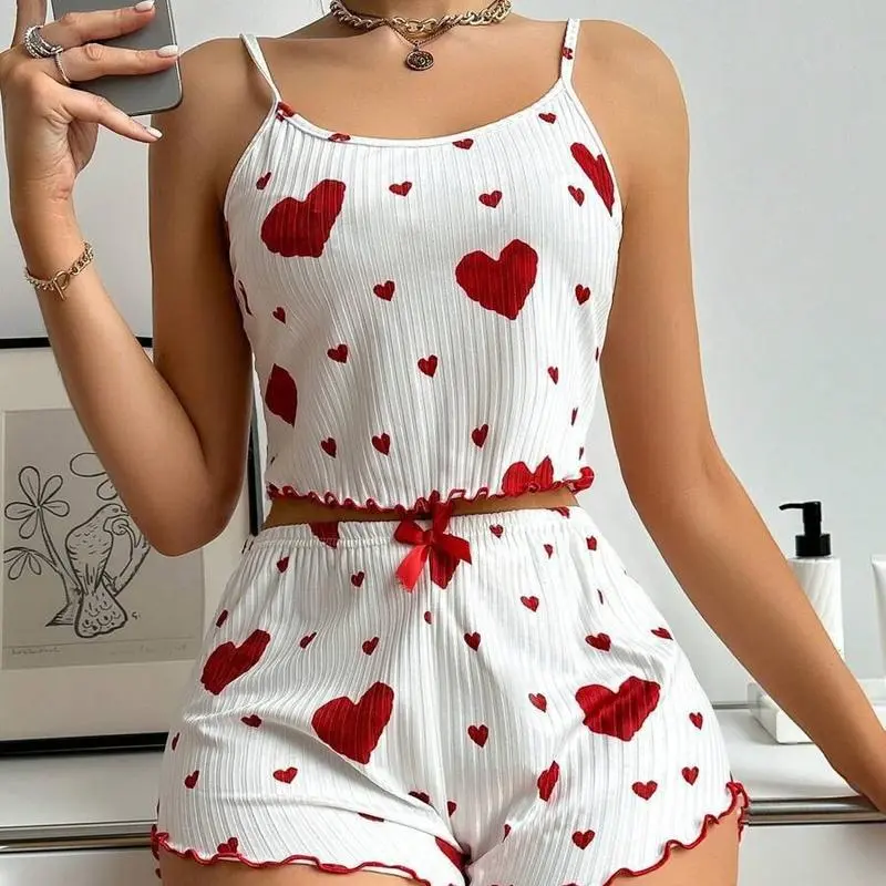 Women's Cute 2-Piece Polyester Knit Pajama Set - Spaghetti Strap, Ruffle Short, Cherry & Heart Printed, Soft, Breathable, Casual Loungewear, Valentine's Day Gift Nightwear, Cute Two Piece Sets