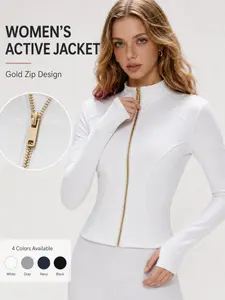 Golden Zip Women's Sport Jacket, Sport Outerwear, Gold Zipper Slim Fit Long Sleeve Yoga Running Coat with Thumb Holes, Soft Skin-Friendly Cropped Athletic Top for Gym Casual