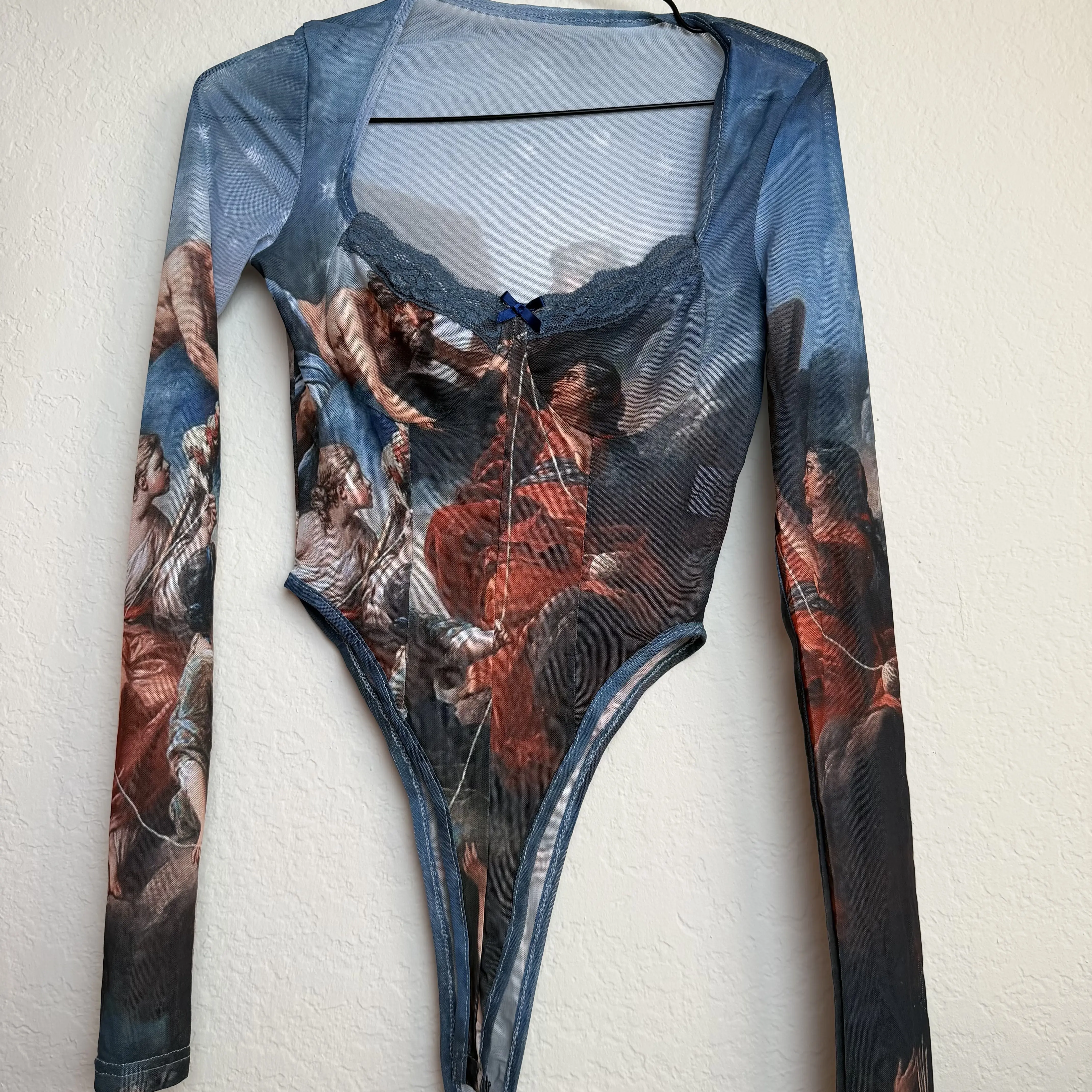 #163 Luna Sparkle Bodysuit with Celestial Artwork, High Neckline, Long Sleeves, Comfortable Summer Wear, Ideal for Dance Floral