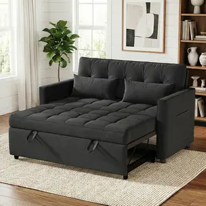 Convertible Sleeper Sofa Bed, 3-in-1 Pull Out Couch with Adjustable Backrest, Linen Fabric Loveseat Sofa with Side Pocket, Modern Multi-Functional Couch Bed for Living Room, Small Apartment,Easy to Assemble