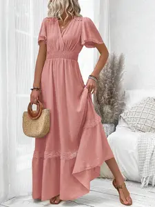Women's V-Neck Ruffle Sleeve Waist Tie Beach Vacation Casual Dress