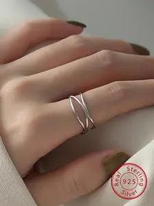 925 Sterling Silver Sterling Silver Layered Irregular Crossed Design Ring, Trendy Jewelry for Party, Daily Clothing Decor, Exquisite Jewelry for Gift, Elegant Fashion Rings