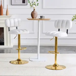 Set of 2 Adjustable Height   Bar Stools, White PU Leather with Gold Base & Footrest, for Kitchen Island Home Bar Living Room, White/Gold