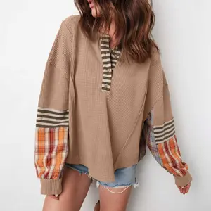 Straw Yellow Waffle Stripe Plaid Patchwork Henley Knit Top