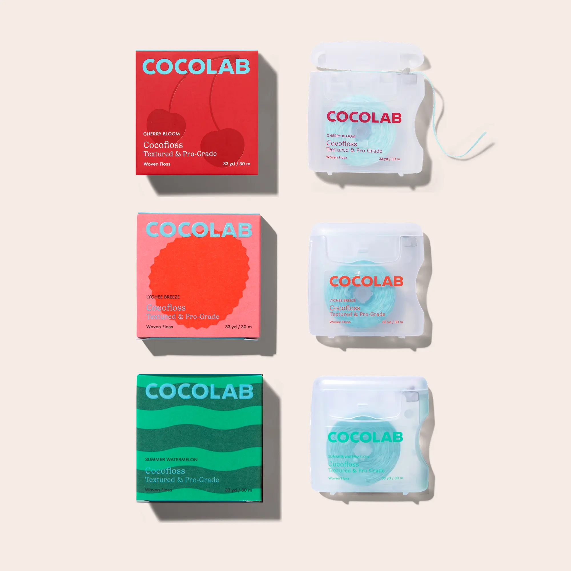 COCOLAB Fresh and Juicy Cocofloss Trio, Ultra-Cleansing and Expanding Dental Floss in Cherry Bloom, Lychee Breeze, and Summer Watermelon, The Loofah Floss