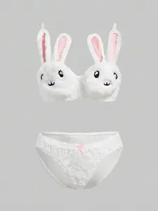 Tina Nico Kawaii Cute Bunny Embroidery Plush Lace Bow Wireless Bra & Panty Set