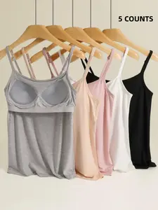 Women's Solid Casual Fitted Sleeveless Adjustable Spaghetti Strap Padded Cami Top, Casual Comfy Breathable Camisole, Ladies Top for All Seasons