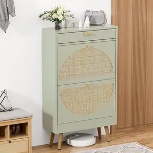 Yechen Shoe Rack Storage Organizer with 2 Natural Semi-Circular Rattan Doors, Entryway Wooden Shoe Cabinet for Sneakers, Leather Shoes, High Heels, Slippers(Natural Oak, Walnut, Morandi Green)