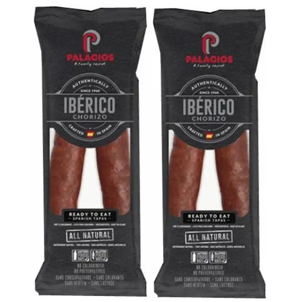 Palacios Savory Smoked Pork Cured Sausage Snack - Imported from Spain, 7.9oz, Pack of 2, Ambient Temp, Tangy Flavor, Pantry Packaged Food Item