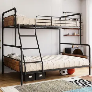 Gaomon Vintage Brown Distressed Grain Heavy-Duty Metal Frame Twin-Over-Full Bunk Bed - Space Saver, Safety Guard Rails, Ladder, Tool-Free Assembly, No Box Spring Needed, for School Bedrooms