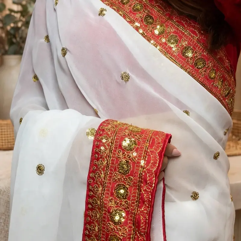 Women's Sari with stitched Blouse Set, Finished with False Pico and plates