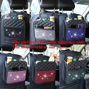 Shiny Car Seat Back Storage Bag - A shiny storage box for use in the car, featuring multiple compartments to hold water bottles, snacks and accessories. Black design with shiny decorations.