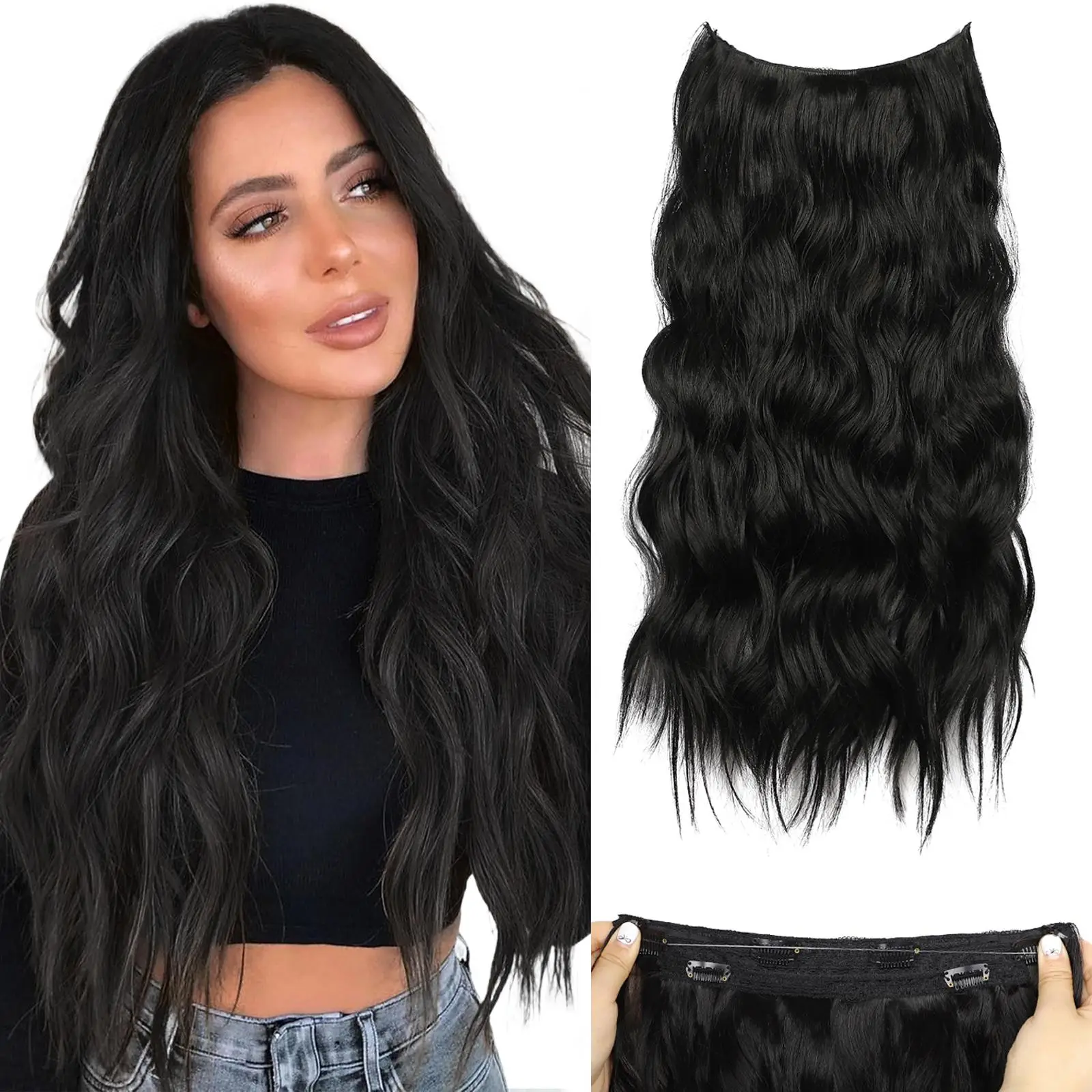 Vigorous Halo Hair Extensions with Transparent Wire Hairpieces for Women Long Wavy Secure Clips Synthetic Secret Hairpieces Headband Adjustable Size(2