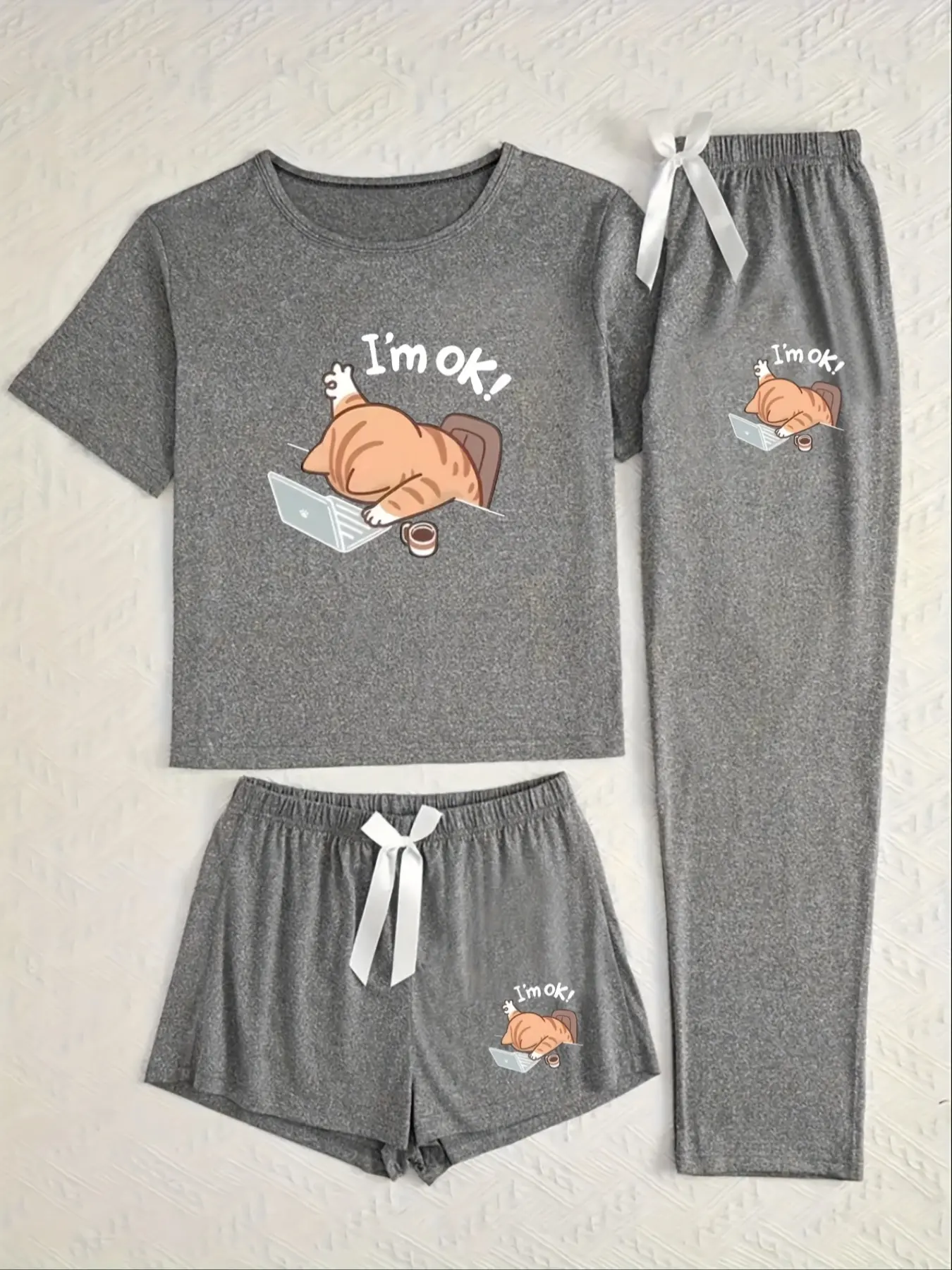 Women's Three-Piece Sleepwear Set, Cartoon Cat Print, Fitted Casual Style, All-Season Wear, Comfortable Nightwear, Pajama Set, Pyjamas