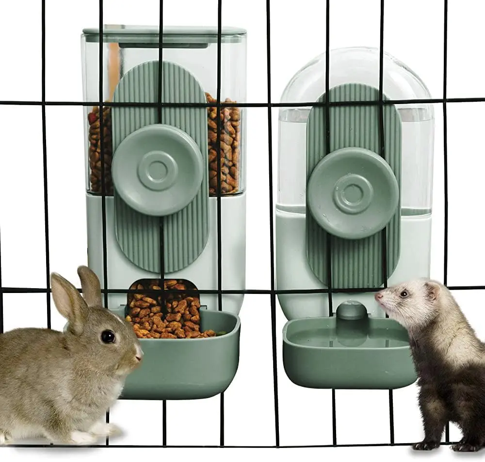 2Pcs Cage-Designed Automatic Pet Feed & Water Dispenser Set - 35 oz Water Bottle, 4.2" Food Bowl, 6cm Food Storage, Space-Saving Hanging Knob, Cagefit Tweak Hand Tool, Height-Adjusted Drinking Eases Neck Strain for Gerbils