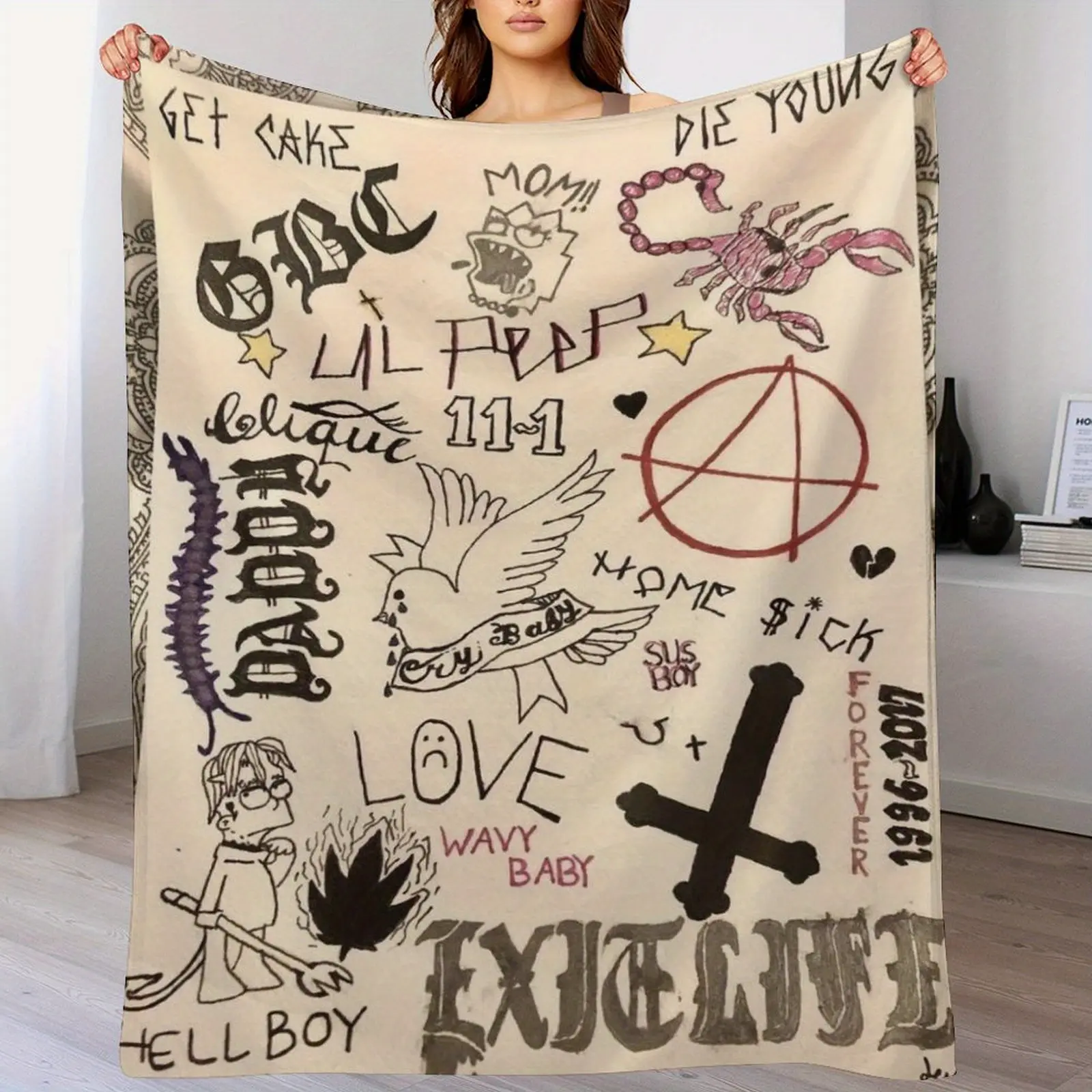 [Retro Rap Blanket] Retro Lil Peep Rap Stylish Decorative Blanket, Mixed Colors, Machine Washable, Hip Hop Bedroom Dorm Decoration, 4-Season Home Wall Hanging, Stylish Blanket